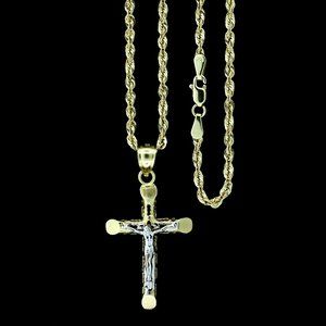 10K Real Gold Rope Chain and Cross Pendant Set
